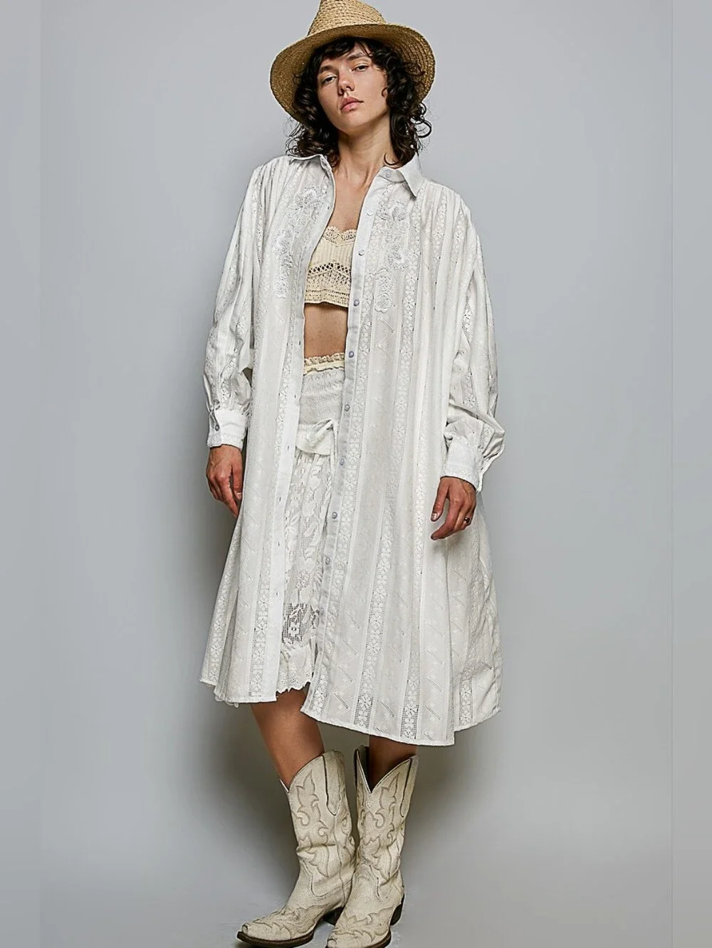 POL Ivory Embroidered Midi Dress with Puff Sleeves OVERSIZED - Picture 6 of 6